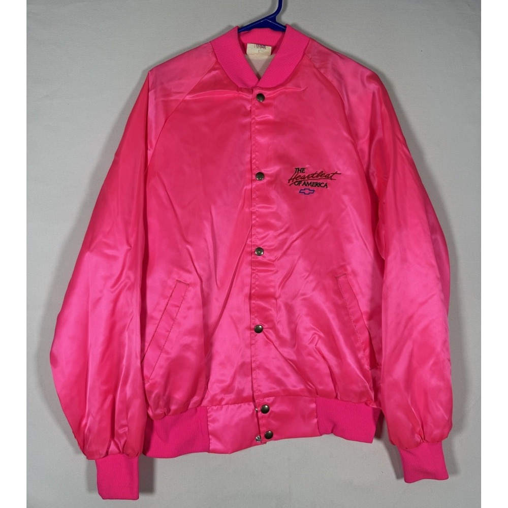 VTG Chevy The Heartbeat of America Large Pink Satin Jacket Nascar Racing Rare
